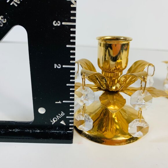 Fancy Hollywood Gold Tone Candlestick Holder Set Chandelier Crystal Dangling Pri - Picture 11 of 11